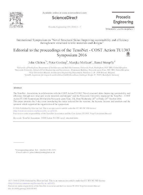 Editorial to the Proceedings of the TensiNet - COST Action TU1303 Symposium 2016 Thumbnail