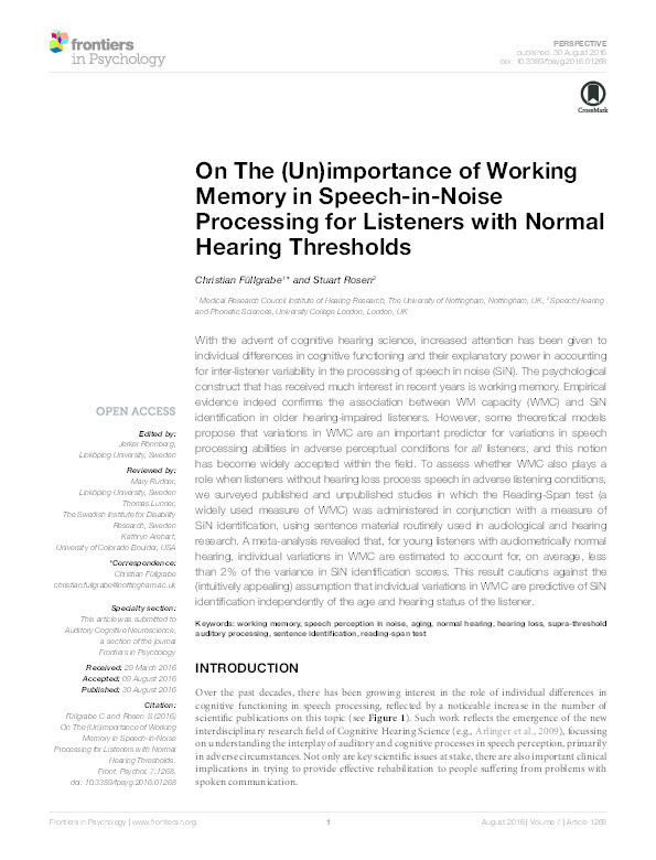 On the (un)importance of working memory in speech-in-noise processing for listeners with normal hearing thresholds Thumbnail