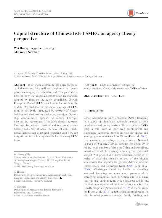 Capital structure of Chinese listed SMEs: an agency theory perspective Thumbnail