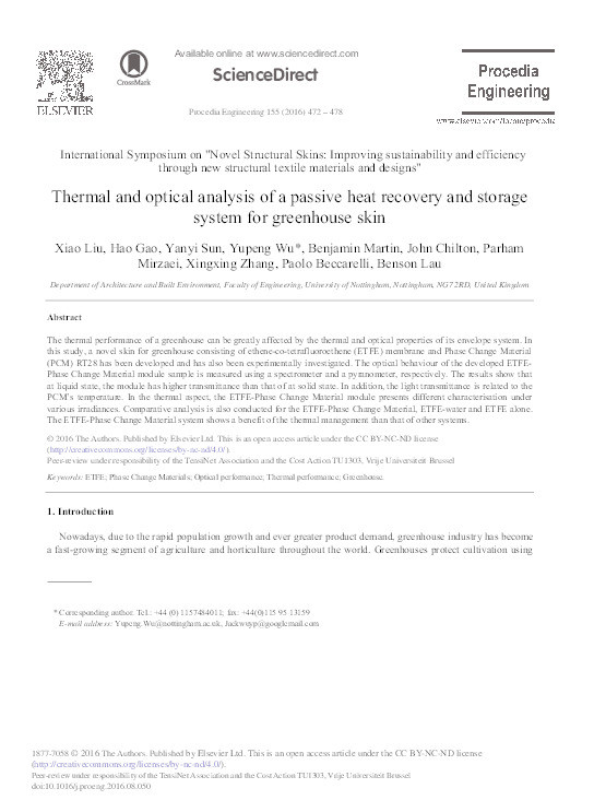 Thermal and optical analysis of a passive heat recovery and storage system for greenhouse skin Thumbnail