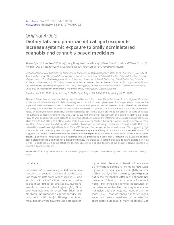 Dietary fats and pharmaceutical lipid excipients increase systemic exposure to orally administered cannabis and cannabis-based medicines Thumbnail