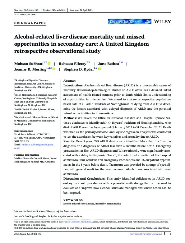 Alcohol-related liver disease mortality and missed opportunities in secondary care: A United Kingdom retrospective observational study Thumbnail