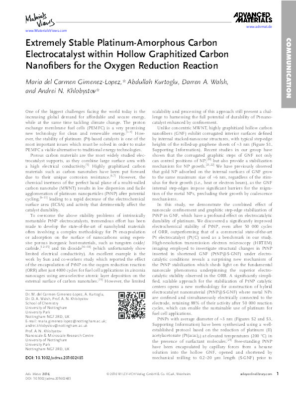 Extremely Stable Platinum-Amorphous Carbon Electrocatalyst within Hollow Graphitized Carbon Nanofibers for the Oxygen Reduction Reaction Thumbnail