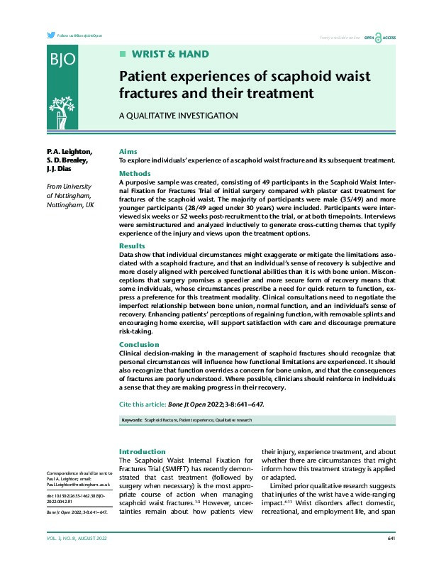 Patient experiences of scaphoid waist fractures and their treatment a qualitative investigation Thumbnail