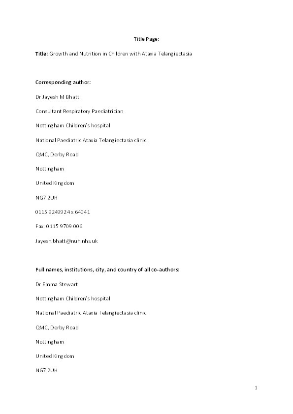 Growth and nutrition in children with Ataxia telangiectasia Thumbnail