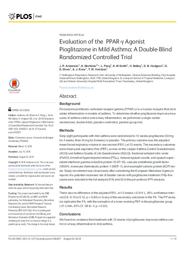 Evaluation of the PPAR-y agonist pioglitazone in mild asthma: A double-blind randomized controlled trial Thumbnail