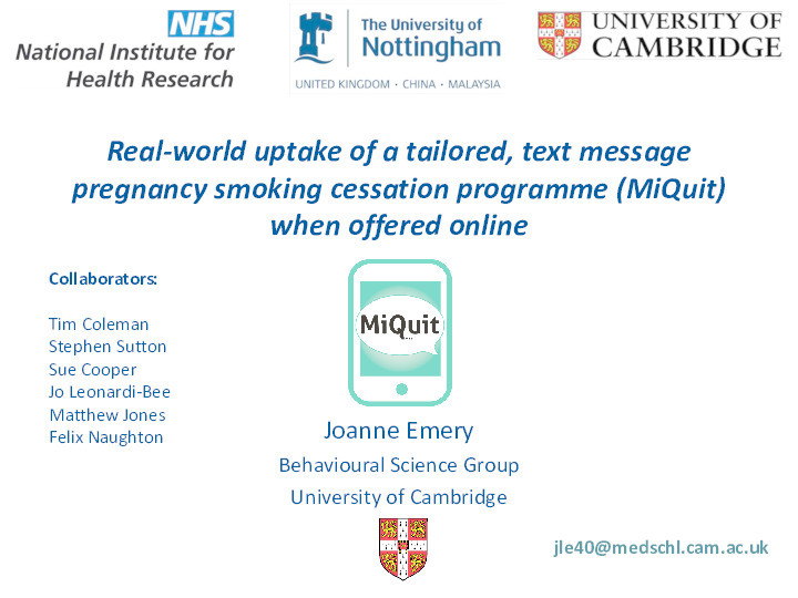 Real-world uptake of a tailored, text message pregnancy smoking cessation programme (MiQuit) when offered online Thumbnail