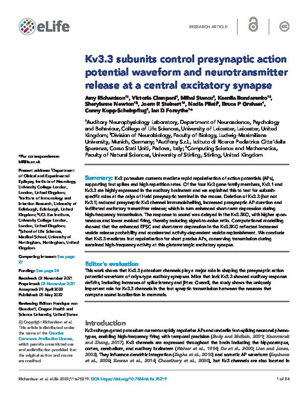 Kv3.3 subunits control presynaptic action potential waveform and neurotransmitter release at a central excitatory synapse Thumbnail