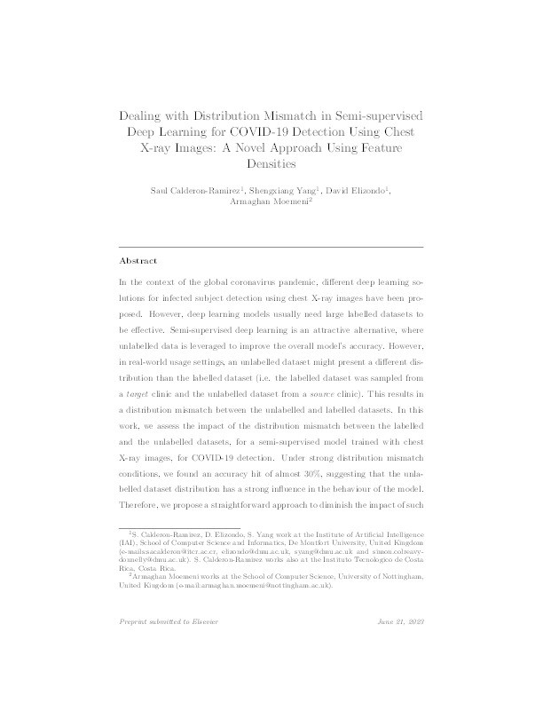 Dealing with Distribution Mismatch in Semi-supervised Deep Learning for Covid-19 Detection Using Chest X-ray Images: A Novel Approach Using Feature Densities Thumbnail