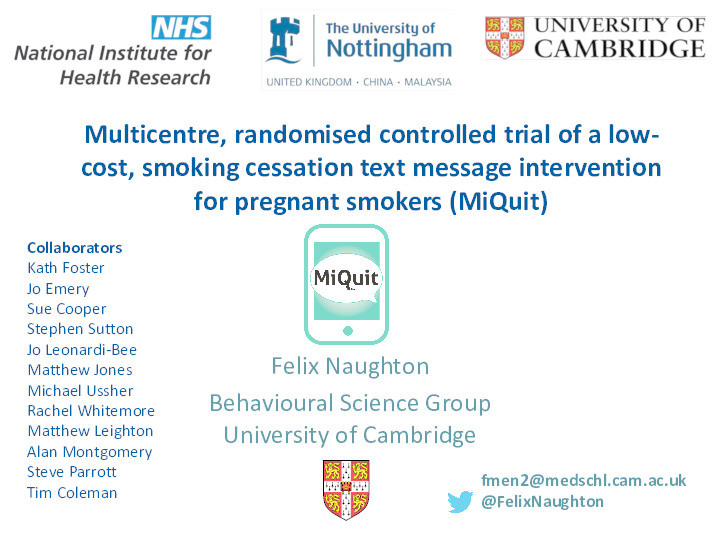 Multicentre, randomised controlled trial of a low-cost smoking cessation text message intervention for pregnant smokers (MiQuit) Thumbnail