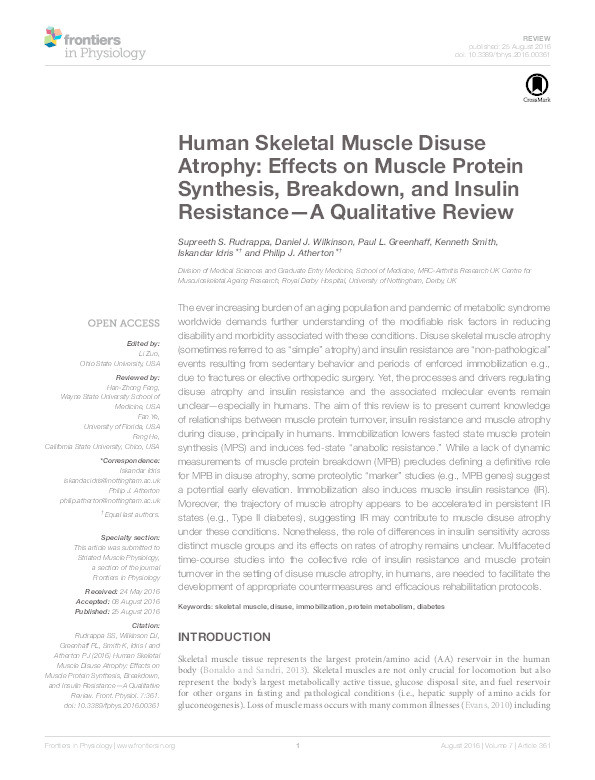 Human Skeletal Muscle Disuse Atrophy: Effects on Muscle Protein Synthesis, Breakdown, and Insulin Resistance—A Qualitative Review Thumbnail