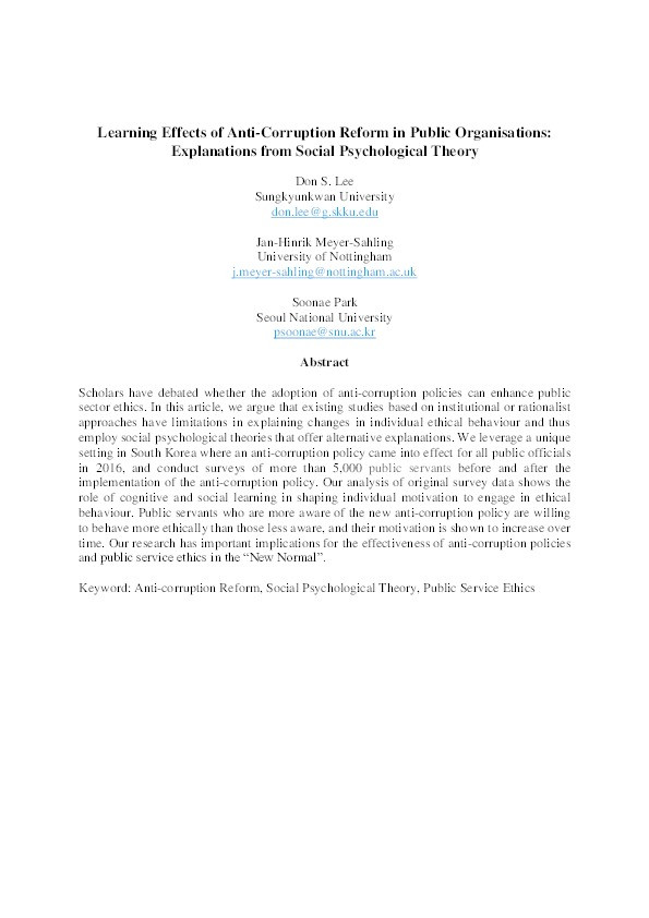 Learning effects of anti-corruption reform in public organisations: explanations from social psychological theory Thumbnail