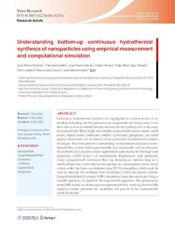 Understanding bottom-up continuous hydrothermal synthesis of nanoparticles using empirical measurement and computational simulation Thumbnail