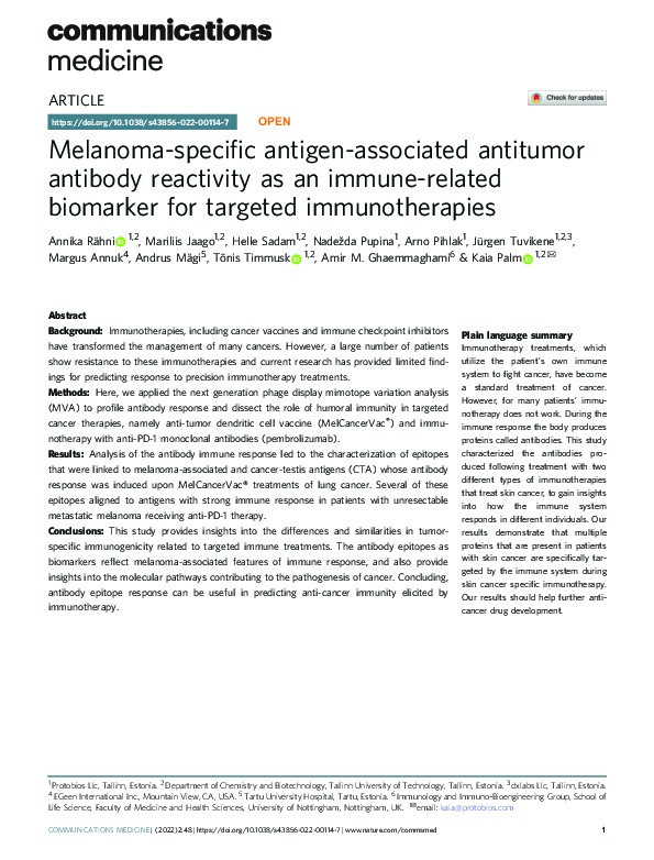 Melanoma-specific antigen-associated antitumor antibody reactivity as an immune-related biomarker for targeted immunotherapies Thumbnail
