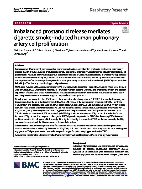 Imbalanced prostanoid release mediates cigarette smoke-induced human pulmonary artery cell proliferation Thumbnail