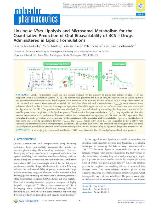 Linking in vitro lipolysis and microsomal metabolism for the quantitative prediction of oral bioavailability of BCS II drugs administered in lipidic formulations Thumbnail