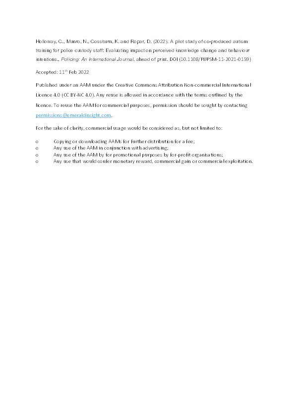 A pilot study of co-produced autism training for police custody staff: evaluating the impact on perceived knowledge change and behaviour intentions Thumbnail