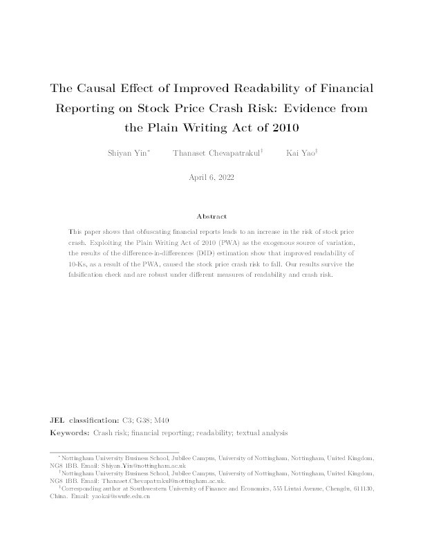 The causal effect of improved readability of financial reporting on stock price crash risk: Evidence from the Plain Writing Act of 2010 Thumbnail
