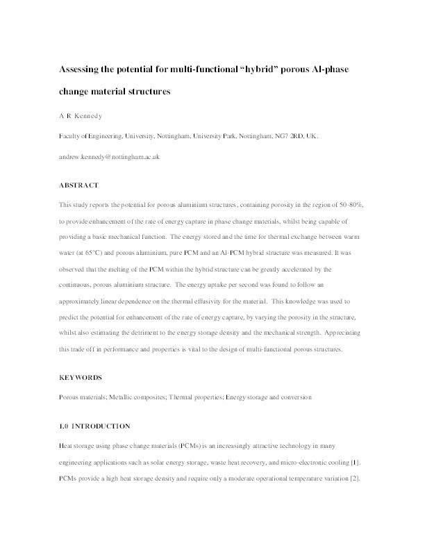 Assessing the potential for multi-functional “hybrid” porous Al-phase change material structures Thumbnail