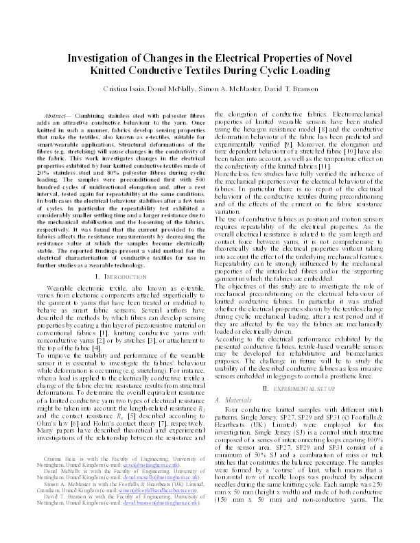 Investigation of changes in the electrical properties of novel knitted conductive textiles during cyclic loading Thumbnail