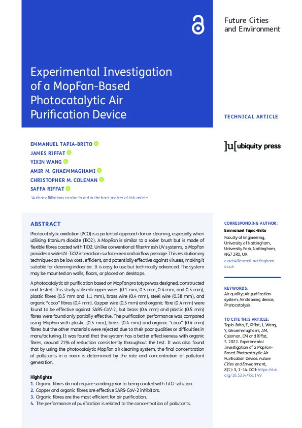 Experimental Investigation of a MopFan-Based Photocatalytic Air Purification Device Thumbnail