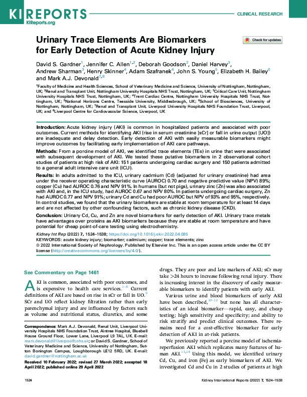 Urinary Trace Elements Are Biomarkers for Early Detection of Acute Kidney Injury Thumbnail