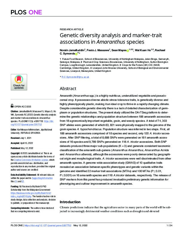 Genetic diversity analysis and marker-trait associations in Amaranthus species Thumbnail