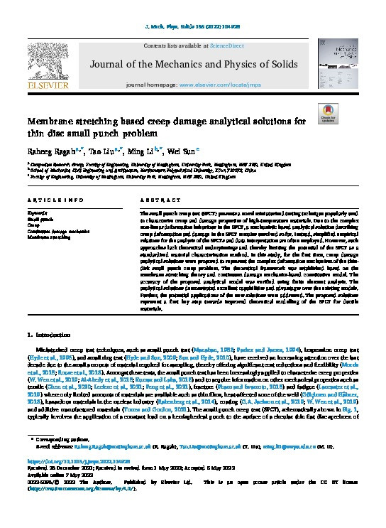 Membrane stretching based creep damage analytical solutions for thin disc small punch problem Thumbnail