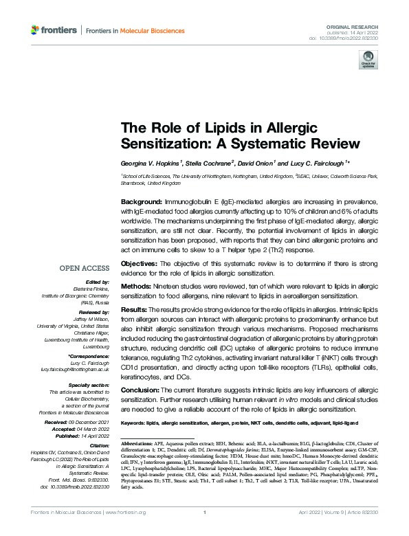 The Role of Lipids in Allergic Sensitization: A Systematic Review Thumbnail