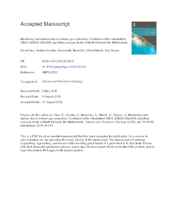 Monitoring land motion due to natural gas extraction: validation of the intermittent SBAS (ISBAS) DInSAR algorithm over gas fields of North Holland, the Netherlands Thumbnail