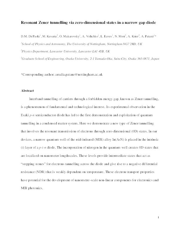 Resonant Zener tunnelling via zero-dimensional states in a narrow gap diode Thumbnail