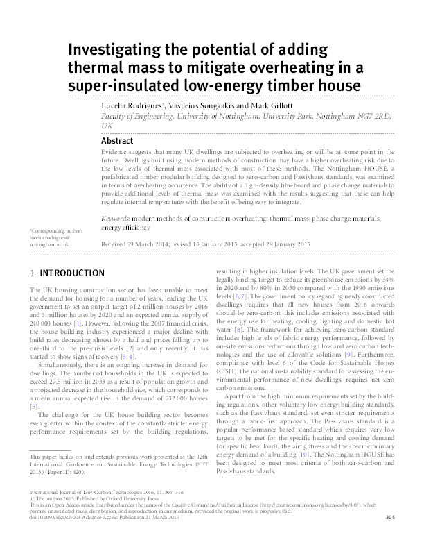 Investigating the potential of adding thermal mass to mitigate overheating in a super-insulated low-energy timber house Thumbnail