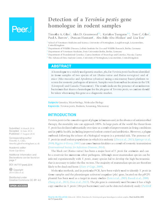 Detection of a Yersinia pestisgene homologue in rodent samples Thumbnail