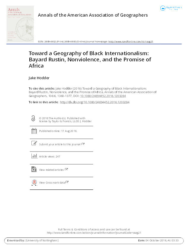Toward a geography of black internationalism: Bayard Rustin, nonviolence and the promise of Africa Thumbnail