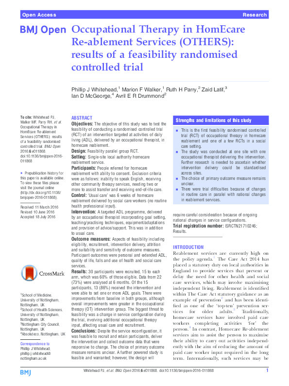 Occupational Therapy in HomEcare Re-ablement Services (OTHERS): results of a feasibility randomised controlled trial Thumbnail