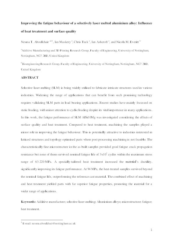 Improving the fatigue behaviour of a selectively laser melted aluminium alloy: Influence of heat treatment and surface quality Thumbnail