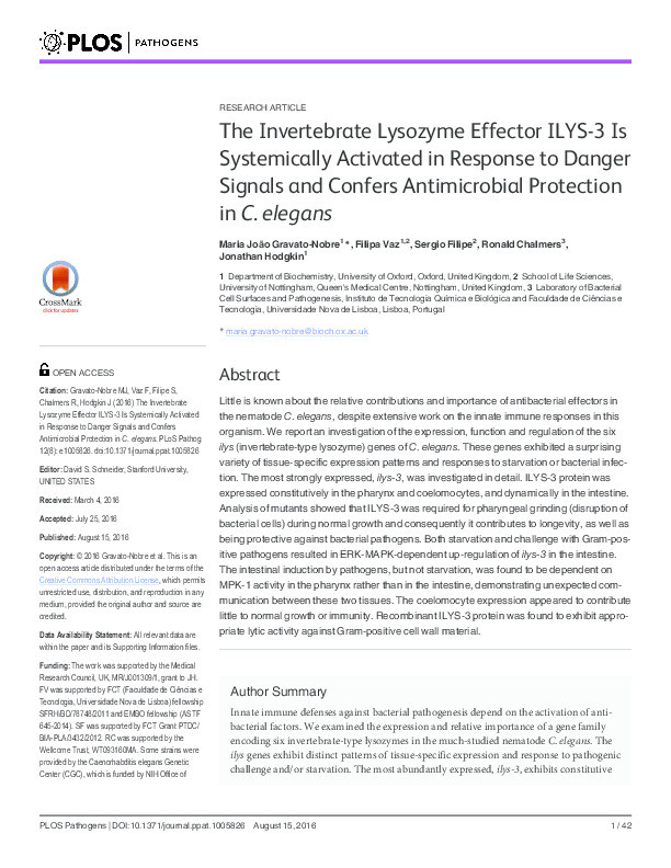 The invertebrate lysozyme effector ILYS-3 is systemically activated in response to danger signals and confers antimicrobial protection in C. elegans Thumbnail