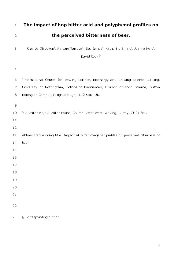 The impact of hop bitter acid and polyphenol profiles on the perceived bitterness of beer Thumbnail