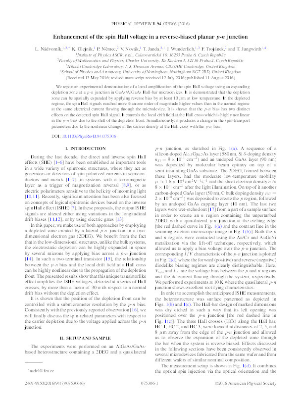 Enhancement of the spin Hall voltage in a reverse-biased planar p-n junction Thumbnail