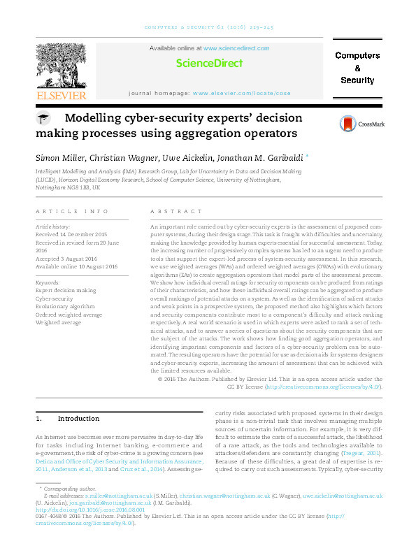 Modelling cyber-security experts' decision making processes using aggregation operators Thumbnail