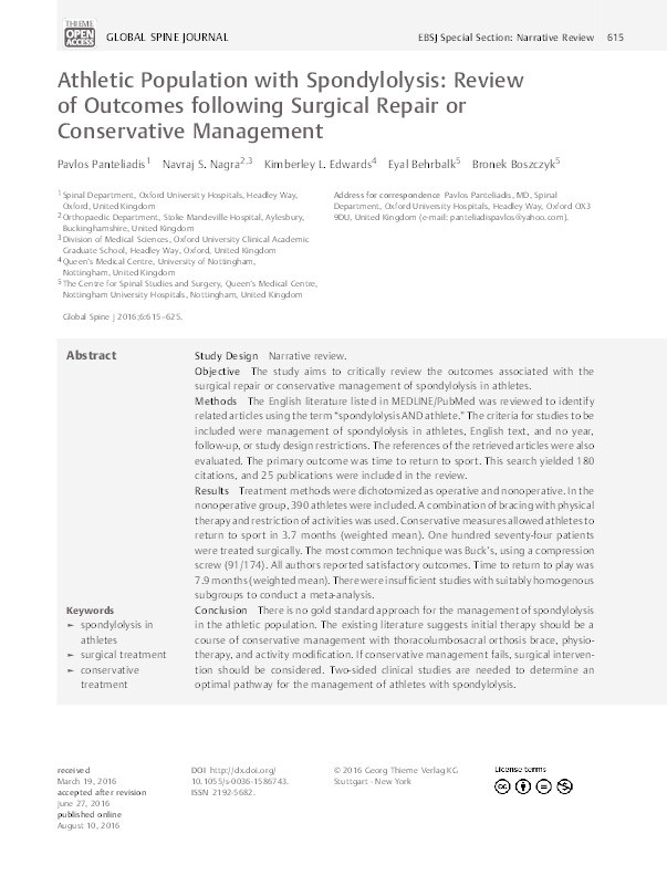 Athletic population with spondylolysis: review of outcomes following surgical repair or conservative management Thumbnail