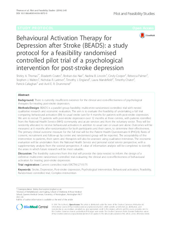 Behavioural Activation Therapy for Depression after Stroke (BEADS): a study protocol for a feasibility randomised controlled pilot trial of a psychological intervention for post-stroke depression Thumbnail