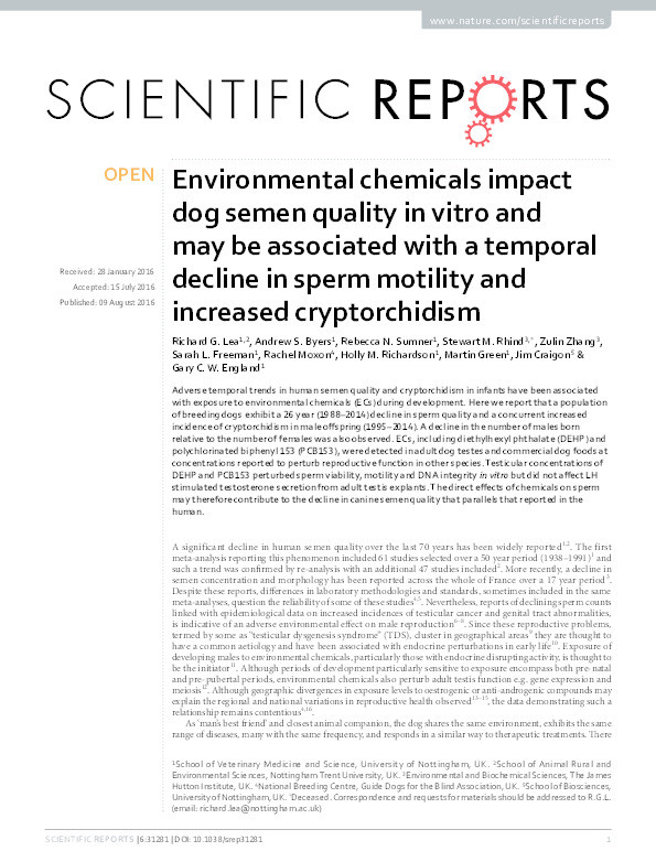 Environmental chemicals impact dog semen quality in vitro and may be associated with a temporal decline in sperm motility and increased cryptorchidism Thumbnail