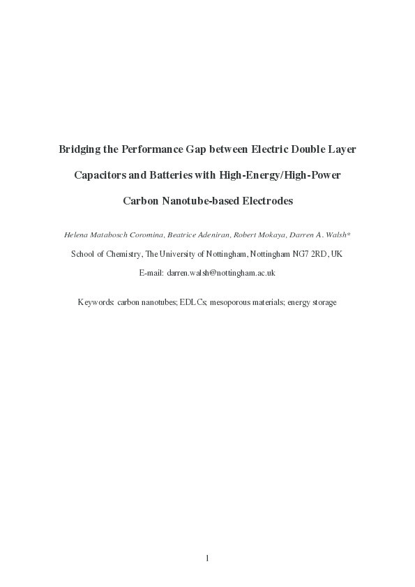 Bridging the performance gap between electric double-layer capacitors and batteries with high-energy/high-power carbon nanotube-based electrodes Thumbnail