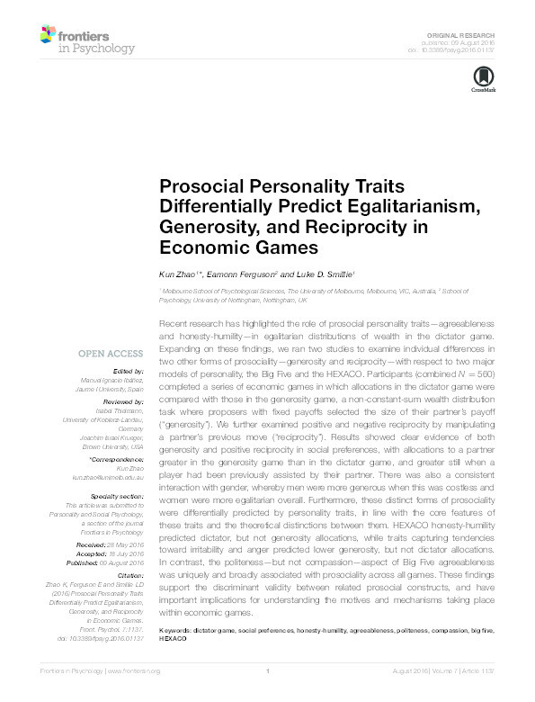 Prosocial personality traits differentially predict egalitarianism, generosity, and reciprocity in economic games Thumbnail