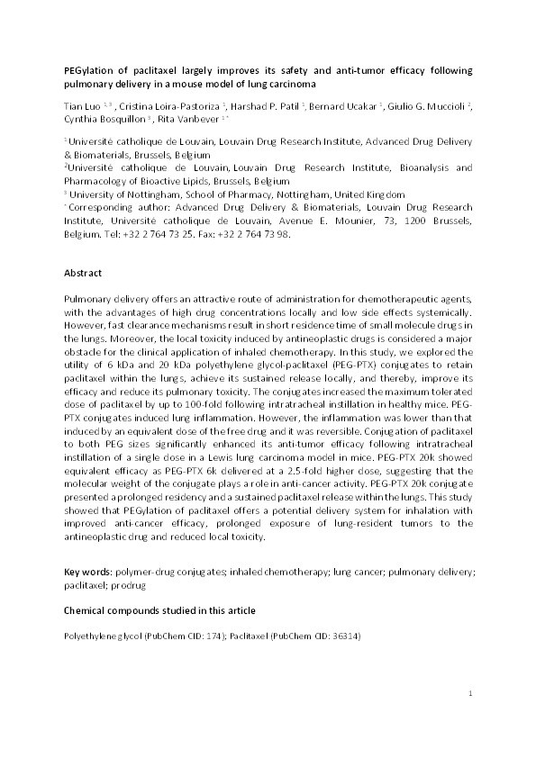 PEGylation of paclitaxel largely improves its safety and anti-tumor efficacy following pulmonary delivery in a mouse model of lung carcinoma Thumbnail