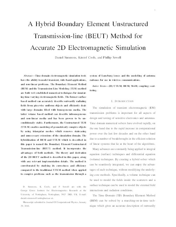 A hybrid Boundary Element Unstructured Transmission-line (BEUT) method for accurate 2D electromagnetic simulation Thumbnail