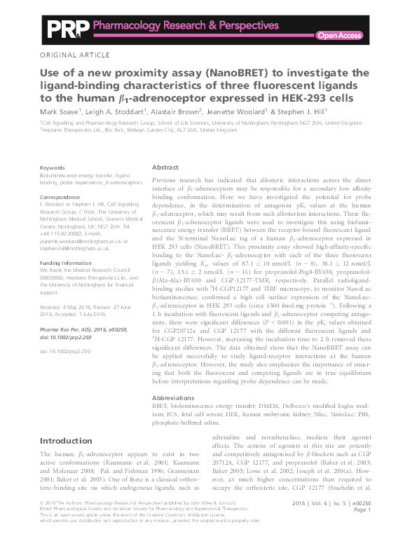 Use of a new proximity assay (NanoBRET) to investigate the ligand-binding characteristics of three fluorescent ligands to the humanβ1-adrenoceptor expressed in HEK-293 cells Thumbnail