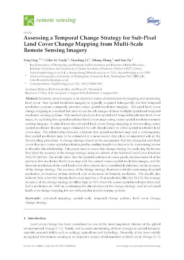 Assessing a temporal change strategy for sub-pixel land cover change mapping from multi-scale remote sensing imagery Thumbnail