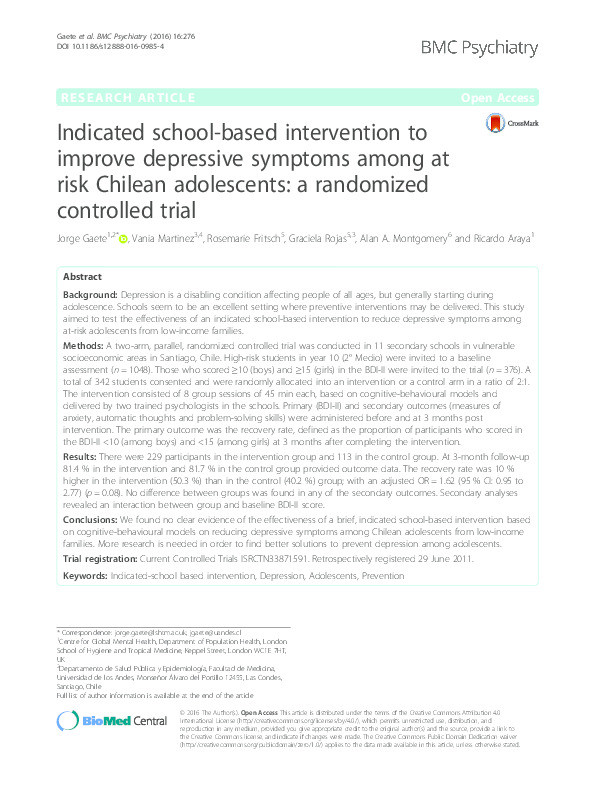 Indicated school-based intervention to improve depressive symptoms among at risk Chilean adolescents: a randomized controlled trial Thumbnail